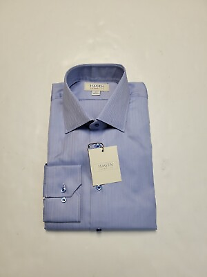 #ad HAGEN CARMEL Men#x27;s Large 16.5 34 35 Oxford Blue Herringbone Long Sleeve Shirt $63.75