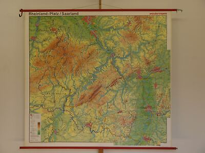#ad Rhineland Palatinate And Saarland Physisch 1981 Schulwandkarte Wall Map $272.68