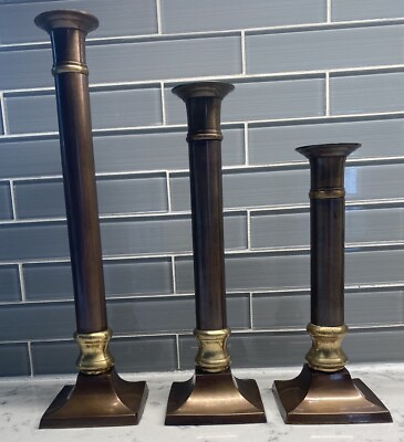 #ad #ad Vtg Century Two Tone Set of 3 Lacquered Brass Candlestick Holders Handcrafted $52.20