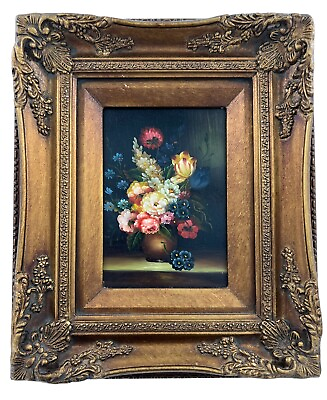 #ad Original Oil Painting Floral On Wood Frame In Wood Gold Gilt Art 12.25x10.25” $249.99