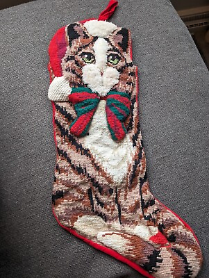 #ad Vintage 18quot; Hand Stitched Brown Striped CAT Red Velvet CHRISTMAS STOCKING $20.00