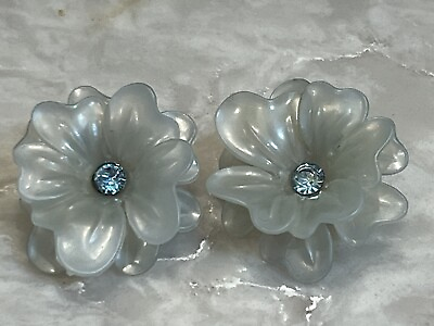 #ad Vintage Rubbery Plastic Blue Rhinestone Flower Earrings Clip On $18.00