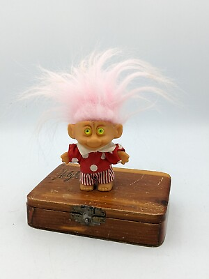 #ad Vintage Troll Pink Hair Red White Polka Striped Outfit Bright Yellow Eyes $14.00