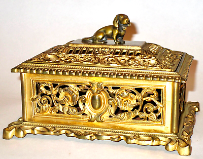 #ad Superb Ormolu Gold on Bronze Dog Figural ca. 1870 Desk Box Joliet IL Mansion $299.00