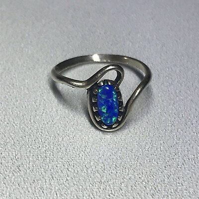 #ad Size 5.25 Vintage 925 Sterling Silver Blue Fire Opal Ring $24.99