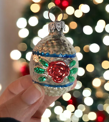 #ad Vtg West Germany Silver Rose Christmas Ornament Blown Glass Textured $14.00