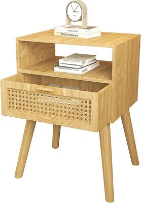 #ad Nightstand with Rattan Door Wooden Bedside Table End Table 1 Drawer Storage $34.95