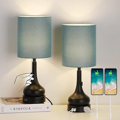 #ad Set of 2 Bedside Lamps with USB and Outlet Blue Shade for Bedroom Living Room $38.79