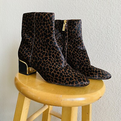 #ad Michael Kors Brown Cheetah Animal Print Gold Logo Heel Detail Zip Up Booties 5 $40.00