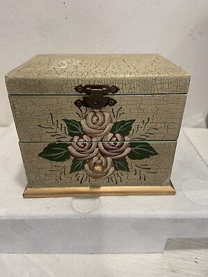 #ad Vtg Wooden Jewelry Box Hand Painted Roses Velvet Lined Mirrored Arister Gifts $13.50