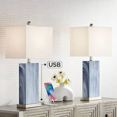 #ad Connie Modern Table Lamps 25quot; High Set of 2 Blue Faux Marble USB Port Bedroom $139.99