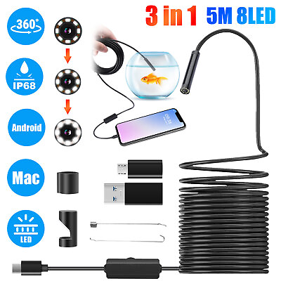 #ad 5M LED Snake Endoscope Borescope 8mm Inspection Camera for Type C USB Android PC $14.98