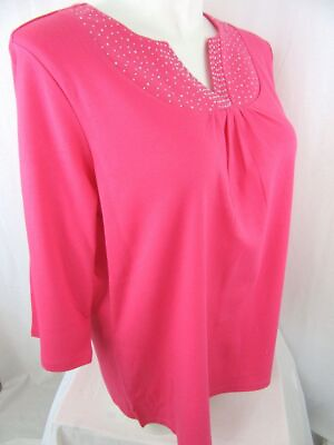 #ad Quacker Factory Size 2X Bright Pink Sparkle Ruched Split V Neck T shirt $22.99