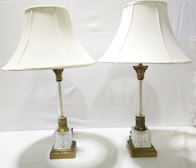 #ad Pair Stunning Hollywood Regency Baccarat Style Cut Crystal amp; Brass Table Lamps $178.00