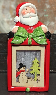 #ad Ceramic Santa Sitting on a Present w Battery Lighted Winter Snowman Tree Scene $14.99