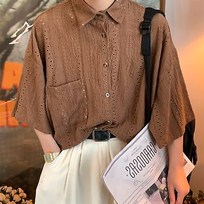 #ad Japanese Vintage Hollow Out Short Sleeve Shirt Men#x27;s Summer Thin Casual Shirts $24.02