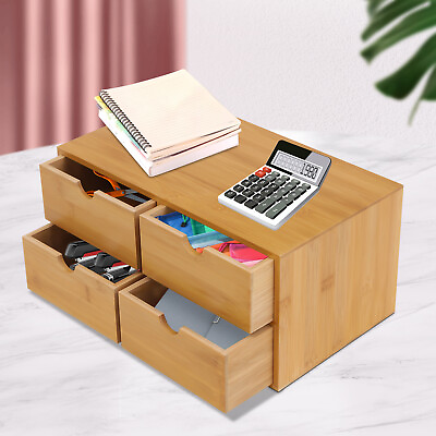 #ad Tabletop Bamboo Desk Organizer Home Office Organizers with 4 Drawers Storage Box $31.35
