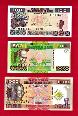 #ad GUINEA 1998 2017 UNC Notes: 100 Francs P 35 500 Fr 2017 P 47 amp; 1K Fr 2010 P 43 $3.65