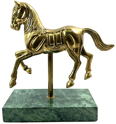 #ad Vintage Brass Carousel Horse On Green Marble Base 5.5” Tall 5” Long $44.00