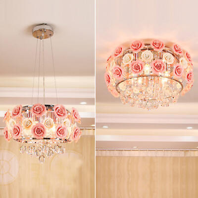 #ad Elegant Ceramic Pink Rose Chandelier Crystal Ceiling Light Fixture Home Decor $66.22