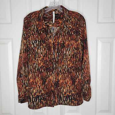 #ad NY Collection Blouse Large Brown Orange Roll Tab Sleeves Collard $15.00