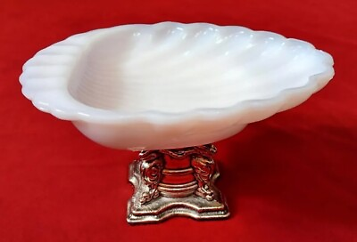 #ad Vintage White Milk Glass Silver Metal Pedestal Soap Trinket Dish Mid Century $40.00