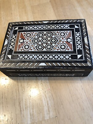 #ad Vintage Middle East Intricate Inlaid Wood Trinket Folk Box 5 1 2 x 3 3 4 x 1 3 4 $10.95