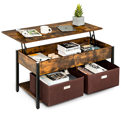 #ad Lift Top Coffee Table Pop up Central Table with 2 Folding Drawers Rustic Brown $79.99