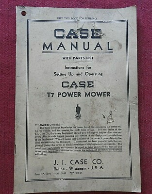 #ad GENUINE 1942 J I CASE VC RC SC CC DC TRACTOR quot;T 7 POWER MOWERquot; OPERATORS MANUAL $33.95