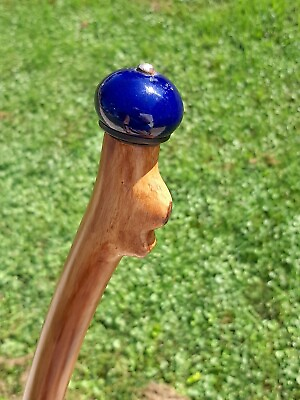 #ad Vintage Walking Stick Cane Wood Knot With Cobalt Blue Knob 35in $26.00