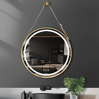 #ad Round Bathroom Mirror Aluminum Framed LED Light 3 Color Anti Fog Wall Hanging $99.93