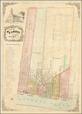 #ad 1853 Map of Detroit Michigan Antique United States Decor Poster Print $240.00