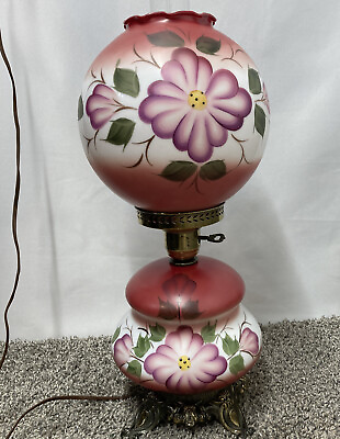 #ad Vtg GWTW Hurricane 3 way Parlor Lamp Purple Pink Double Globe Lamp 23” Tall $99.95