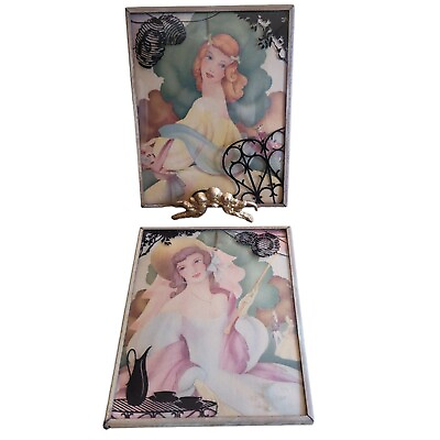 #ad Vtg Pair Art Nouveau Victorian Ladies Prints Convex Reverse Painted Frames 4quot;x5quot; $28.04