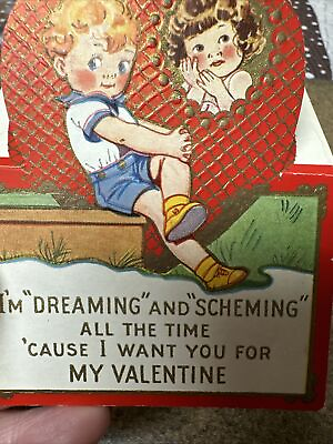 #ad Vtg Valentines Day Card Girl Boy Couple 1940s Stand up Dreaming Scheming $4.99