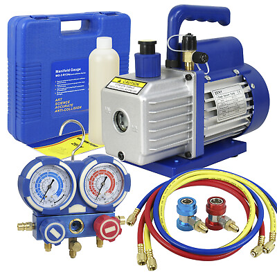 #ad 35CFM 1 4HP Air Vacuum Pump HVAC and Solid R134A Kit AC A C Manifold Gauge $94.58