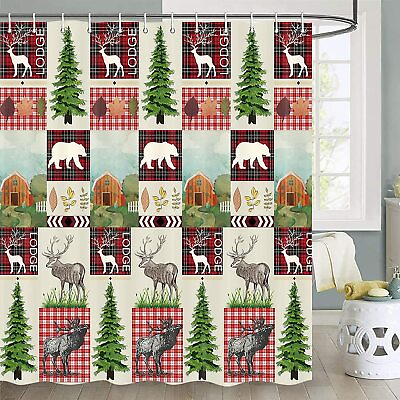 #ad Cabin Bear Pine Deer Wildlife Lodge Fabric Shower Curtain Modern Rustic70quot;x70quot; $13.39