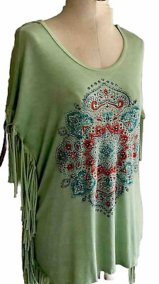 #ad T Party Womens Southwest Top Green Bling Fringe Sleeveless Summer Knit Shirt S $12.88