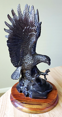 #ad Solid Brass Bronze Finish Majestic Eagle Sculpture Figurine Statue on Wood Base $40.45