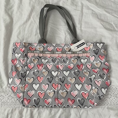 #ad NWT Lesportsac quot;Affection Lacequot; Everygirl Tote Large Hearts Grey Pink Tan Heart $79.99