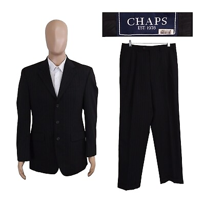 #ad Chaps Ralph Lauren 2 Piece White Pinstripe Black 100% Wool Suit 38R Pants 32X32 $80.99