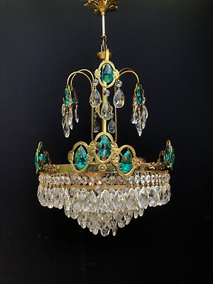 #ad Antique Vintage French Blue Crystals Chandelier Lighting Ceiling Lamp 1960#x27;s $465.00
