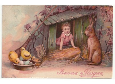 #ad Embossed Antique Card Happy Easter Little Girl Coop Rabbit Chicks Eggs $21.71