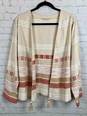 #ad SOFT SURROUNDINGS beige cotton blend striped tasseled open front cardigan top $23.00