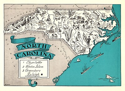 #ad 1930s Antique North Carolina State Map RARE Animated Picture Map BLU 1063 $40.50