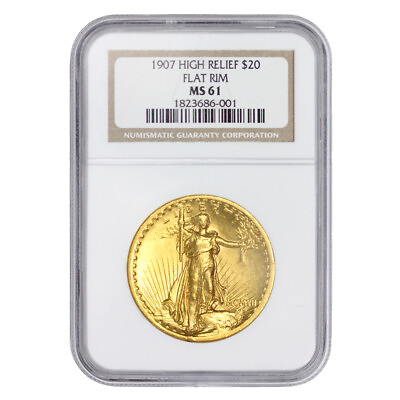 #ad 1907 $20 Gold Saint Gaudens Double Eagle NGC MS61 High Relief Flat Rim $19950.00