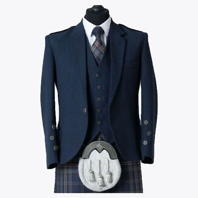 #ad Navy Blue Argyle Kilt Jacket Scottish Blazer Wool Wedding Highland Argyll Jacket $79.99