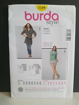 #ad Burda Style Pattern 7519 Ms Shirt w Waterfall Neckline amp; Sleeve Length 8 20 $7.50
