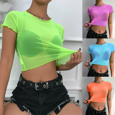 #ad Women Pullover Tees T Shirt Crop Tops Tunic Mesh Sheer See Through Sexy Blouse $7.96