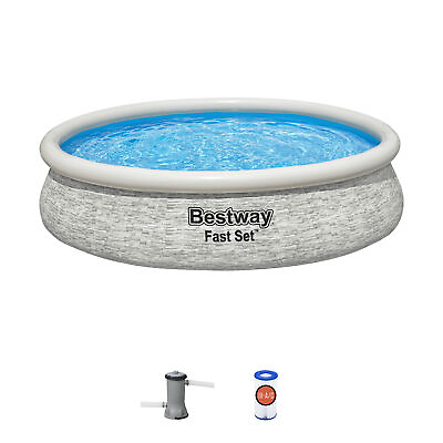 #ad Bestway Fast Set 12#x27; x 30quot; Round Inflatable Stacked Stone Swimming Pool Set $84.99